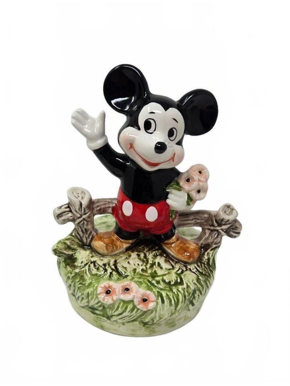 Schmid Mickey Mouse "Waving with Bouquet" Ceramic Musical Revolving Figurine NOS